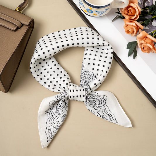 Foulard Carré Blanc Noir 70×70, Motif Pois