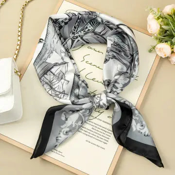 Foulard Carré Noir Gris Blanc 90X90  Baroque Instrument Chic