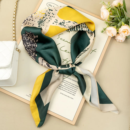Foulard Carré 90X90 Polyester Abstrait Couleurs Vert Jaune