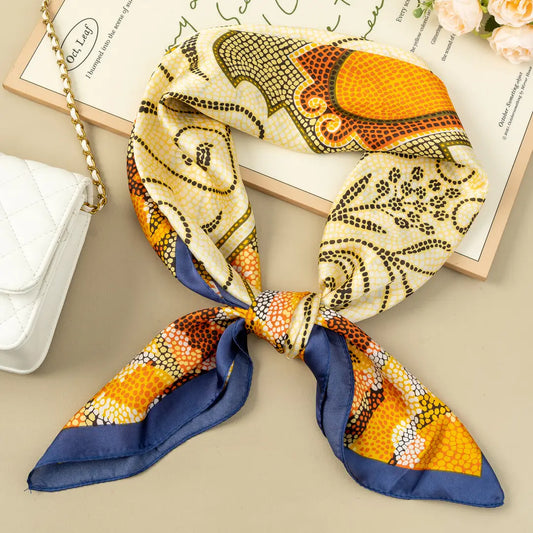 Foulard Carré 90X90 Polyester Fleur Abstrait Jaune Bleu