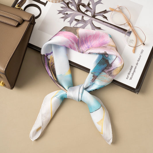 Foulard Multicolore 70x70 Effet Soie Motif Floral Artistique