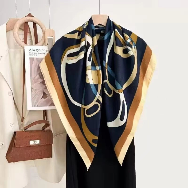 Foulard Graphique 90x90 Tons Bleu Moutarde Elégant Moderne